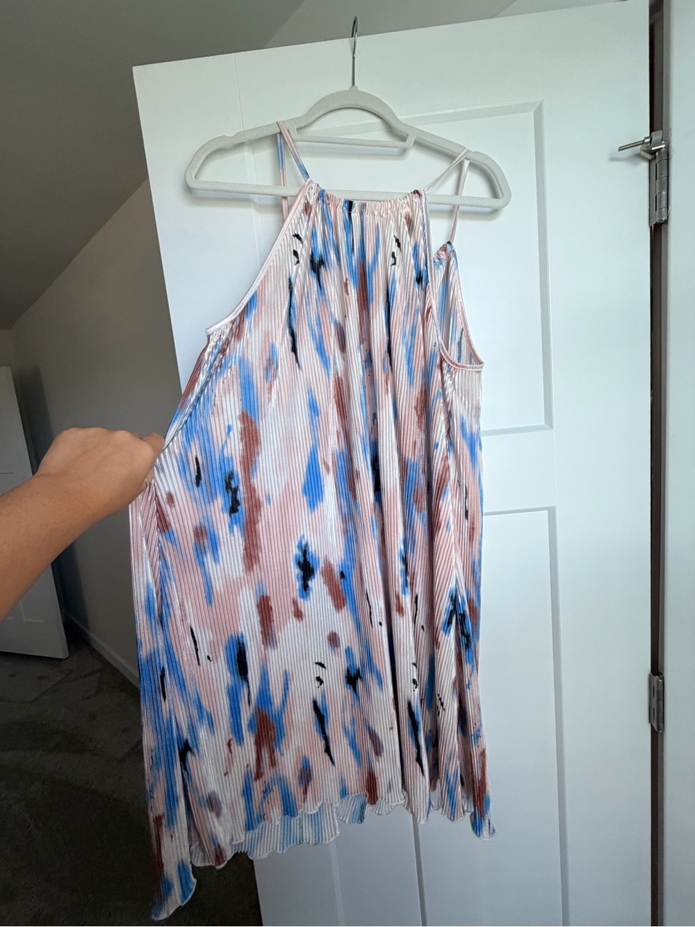 Pleated Tie-Dye Print Halter Dress - Pink, Blue, Brown